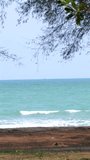 Serene beach landscape with clear turquoise sea and lush green foliage on sunny day. Coastal tranquility and nature's beauty. Vertical video