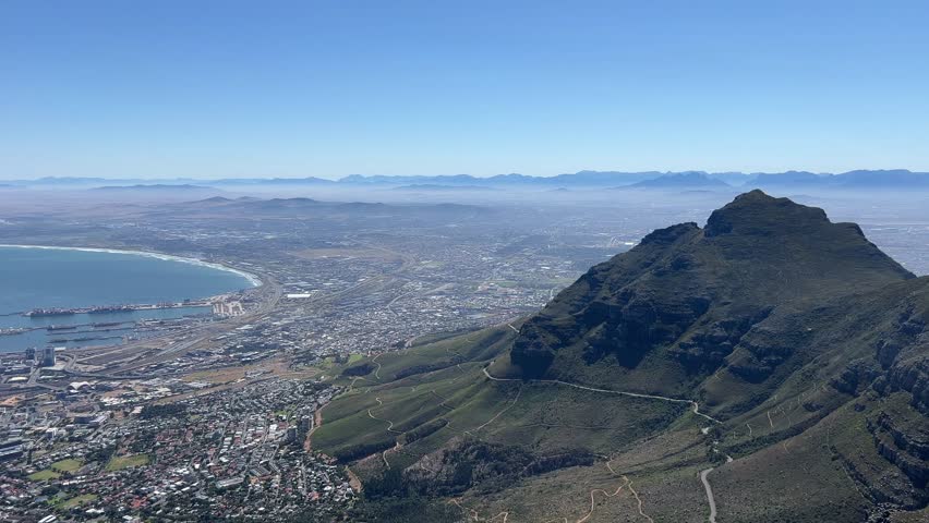 Devils Peak with views of Cape Town and Table Bay taken from Table Mountain