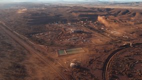 Open iron mine in Australian desert. Aerial backward and panoramic view