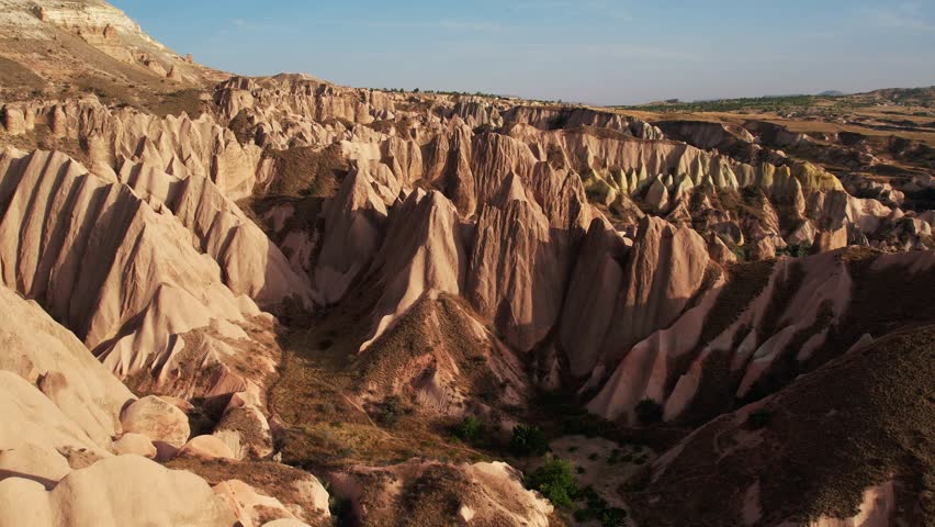 Cappadocia aerial view of valleys, rock formation, ancient cave churches. Goreme, Cappadocia, Turkey