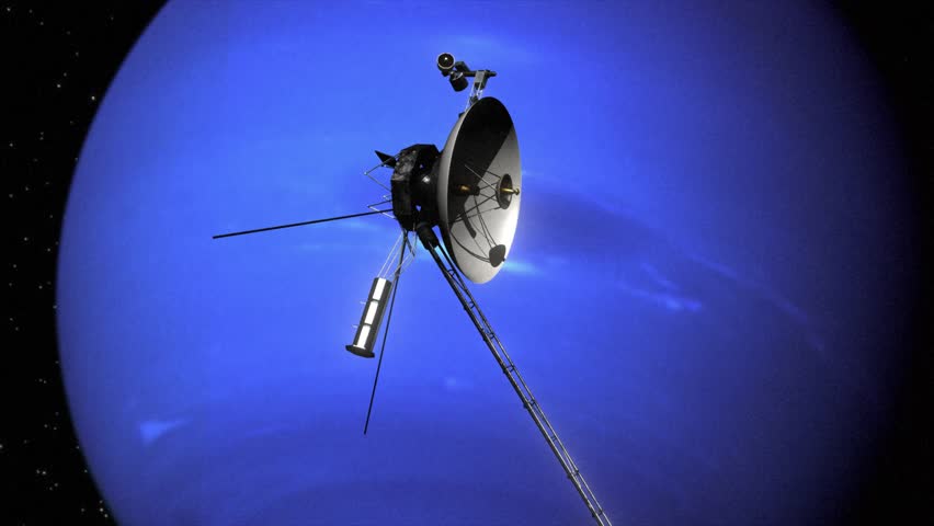 High quality and very detailed CGI render of a slow smooth orbit shot of the probe Voyager 2 as it passes the planet Neptune on the edges of the Solar System