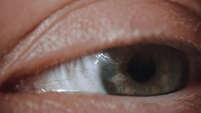 A beautiful green human eye looks in different directions, blinks, reacts to light, macro video detailed realistic video of the human eye