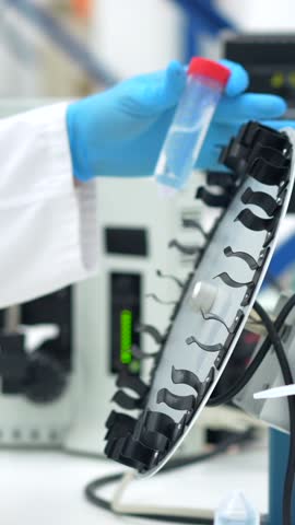 Side view of a young and caucasian scientist looking into a microscope sitting on a laboratory