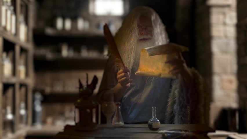 An old alchemist in a medieval chemical laboratory workshop