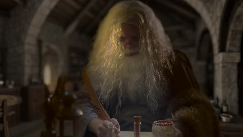 An old alchemist in a medieval chemical laboratory workshop