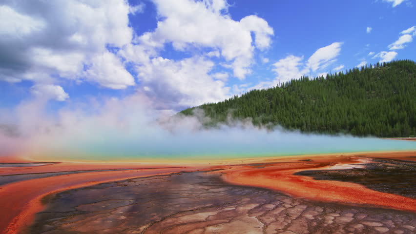 Famous spot in Wyoming, Grand Prismatic spring with thick mist and magnificent coloration near hills with coniferous forest under blue skies with fluffy clouds in summer. High quality 4k footage