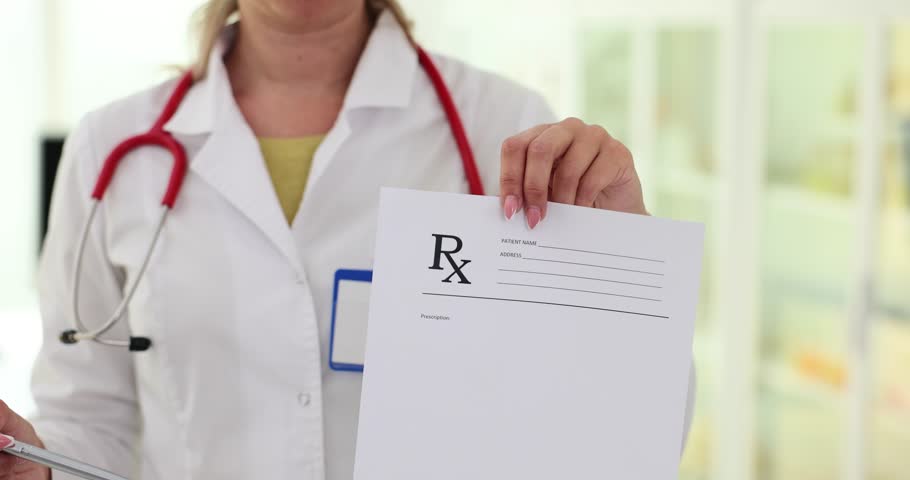 Doctor shows blank prescription form to patient. Doctor prescription for narcotic drugs Royalty-Free Stock Footage #3478127295
