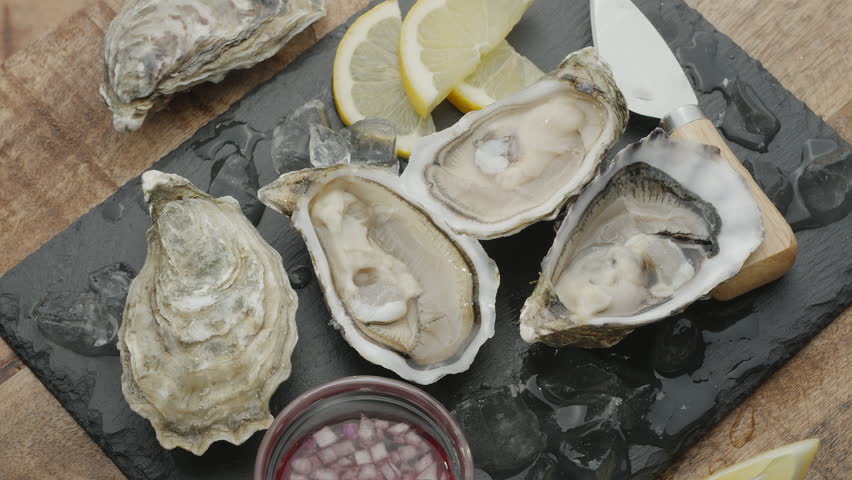 Fresh raw edible oysters, popular shellfish seafood close-up. Mollusk marine oysters. Royalty-Free Stock Footage #3478132057