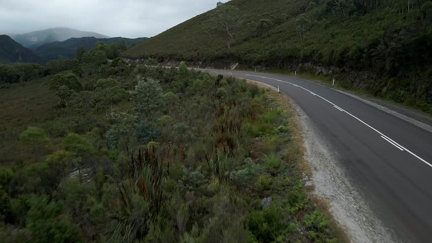 Desolate Road In Rural Outback Forest. Franklin-Gordon Wild Rivers National Park, Tasmania, Australia. Aerial Shot