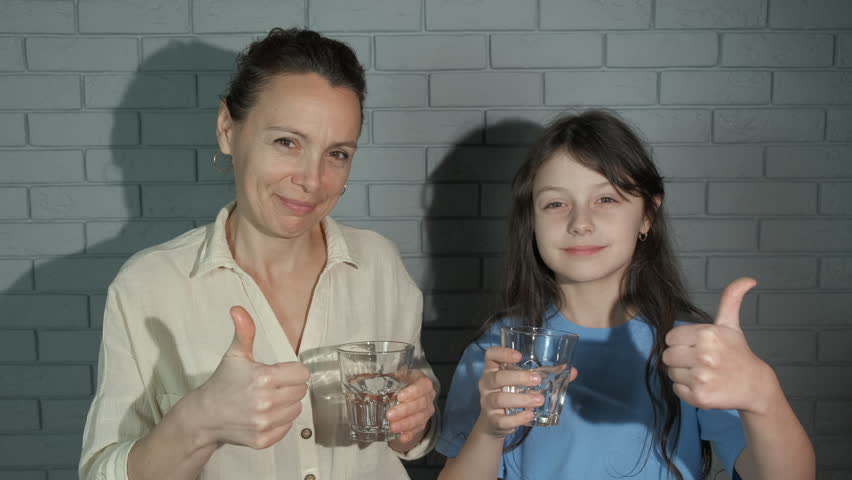 Family with healthy life water habit. A view of healthy mother with smiling child drink filtered water indoor.