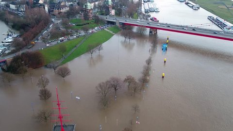 The Muehlenweide is flooded by the river Rhine in Ruhrort - aerial view