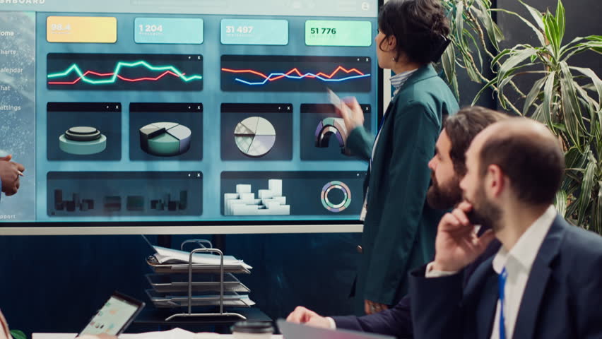 Chief operating officers making a pitch to present project updates and resource allocation in a briefing meeting. Corporate employees review performance metrics and marketing strategies. Camera A. - Powered by Shutterstock - Get 15% off with code: PIKWIZARD15