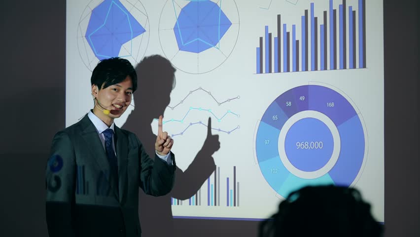 Asian man giving a presentation using a projector Royalty-Free Stock Footage #3478233793