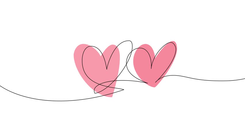 Self-drawing animation of two hearts. Continuous one line drawing style. Black lines on a white background.