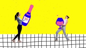 Hen-party. Young people going to alcohol party, drinking wine, having fun isolated on abstract background. Stop motion, animation. Inspiration, idea, magazine style, fashion and surrealism.