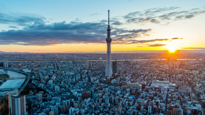 Aerial view of Tokyo cityscape at sunrise, Japan.