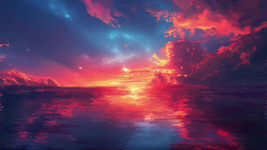 Animated colorful sunset over the river with clouds and stars. Loop
