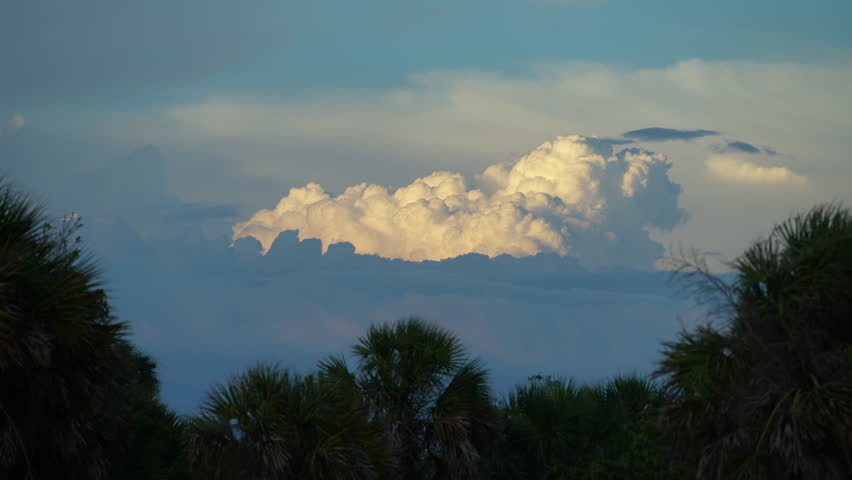 Blue sky with white summer rain clouds. Colorful summer landscape