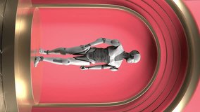 Robot prototype in a showcase for future technologies, vertical 3d render with pink background