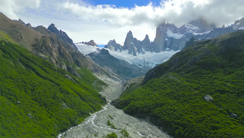 Snow capped peak mount Torres del Paine, Los Lagos, Chilean Andes, Chile. Aerial drone view.