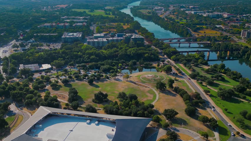 Aerial view of Doug Sahm Hill Summit and Colorado River in Austin, Texas