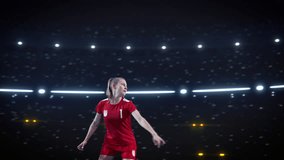 Aesthetic Super Slow Motion Shot Of Female Soccer Football Player Jumping And Kicking Ball on Black Background Under Spotlight. Professional Sports Woman Scoring A Winning Goal in Championship. - Powered by Shutterstock - Get 15% off with code: PIKWIZARD15