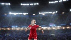 Aesthetic Shot Of Athletic Female Soccer Football Player Doing A Head Kick On Stadium With Crowd Cheering. International Championship Final Match on Arena Full Of Loyal Fans. Super Slow Motion. - Powered by Shutterstock - Get 15% off with code: PIKWIZARD15