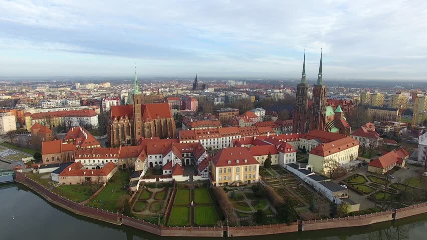 Aerial: Cathedral Island in Wroclaw, Poland