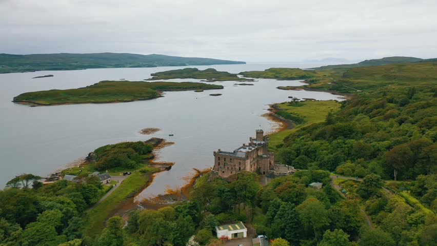 Aerial View of Dunvegan Castle. Isle of Skye, Scottish Highlands, Scotland, United Kingdom.