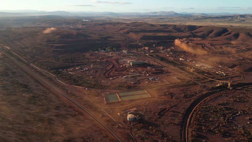 Marandoo iron mine, Pilbara region in Western Australia. Aerial tilt-down forward