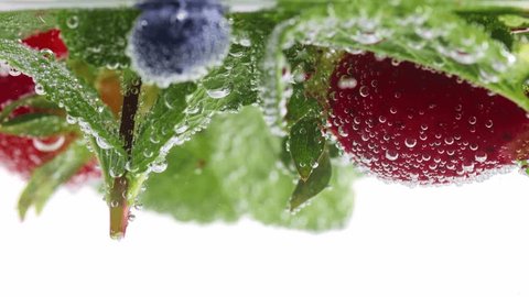 Vivid macro of ripe berries with dew, highlighting their freshness and natural texture. Sweet summer's drink with macro bubbles in glass. Concept of food and drinks, nutrition, freshness Arkivvideo