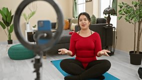 Hispanic woman stretching in living room with smartphone on tripod