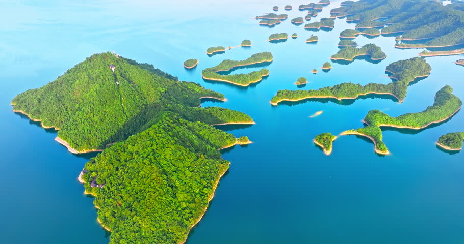 Aerial view of beautiful Qiandao Lake natural landscape in Hangzhou. There are many islands here. Famous tourist destination in China.