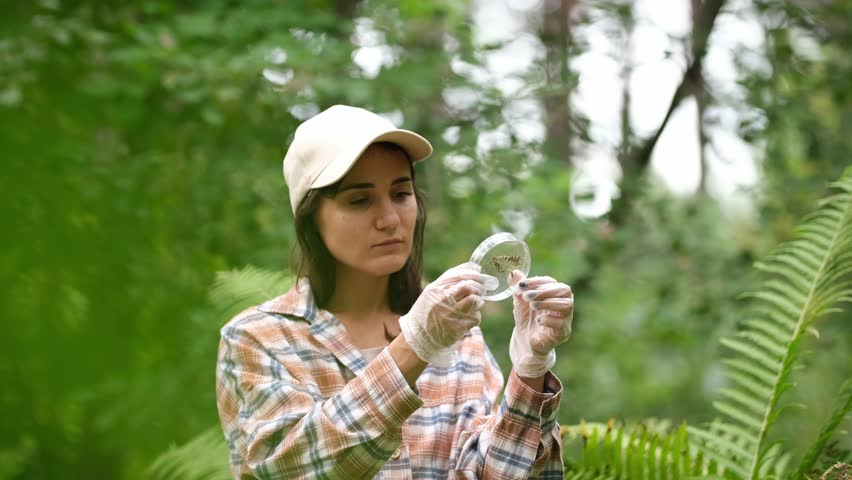 Female biologist is using a magnifying glass to look at plants with pest leaves. to collect data for analysis. Organic farming concept. Close up