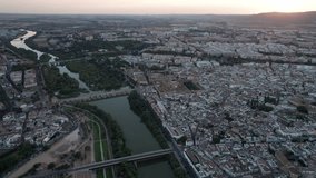 panoramic aerial view of the mosque-cathedral in Cordoba, Spain during dusk