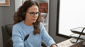 Mature hispanic woman with curly hair working on laptop in modern office interior, wearing headset.