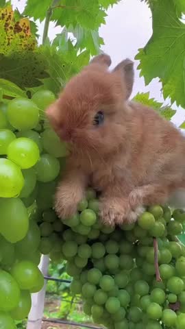 A charming light brown bunny is perched on a green grapevine, munching on the grapes. Its ears are alert, and it appears delighted while eating. The bunny's coat is a pale brown with a white underside Royalty-Free Stock Footage #3478767155