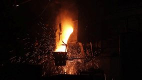 Industrial steel casting process at manufacturing plant shows molten metal pouring from ladle, foundry workers oversee precise metallurgical operations, sparks fly around in dark factory setting. - Powered by Shutterstock - Get 15% off with code: PIKWIZARD15