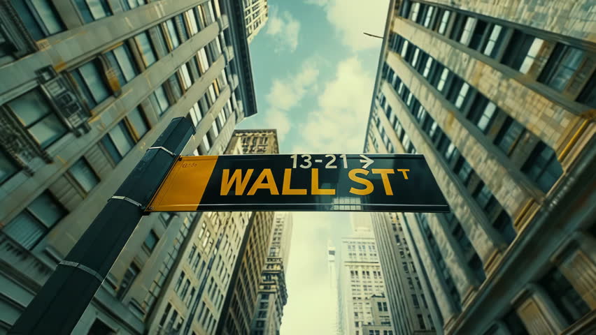 WALL STREET ANIMATION Spelled AND Written Street Sign in the Middle of Manhattan, New York, with a Large Building Background.