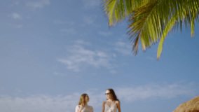 Blue sky, palm tree on sunny summer day. Two young women talk, shake beach blanket at tropical beach. Cheerful caucasian girls in dresses chill, rest at coast. Best friends relax on the beach. - Powered by Shutterstock - Get 15% off with code: PIKWIZARD15