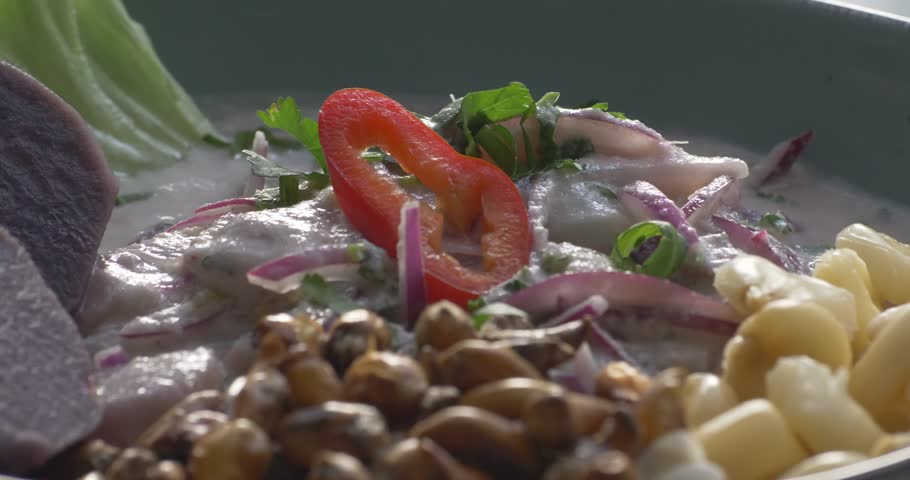 peruvian ceviche plate, presented on a turning table ready to eat part 1