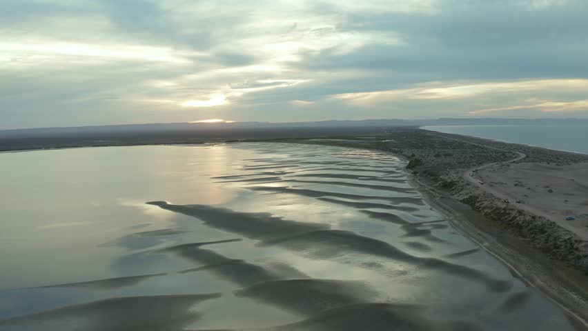 Sunset aerial view of sand dunes and beaches of Baja California Sur, La Paz