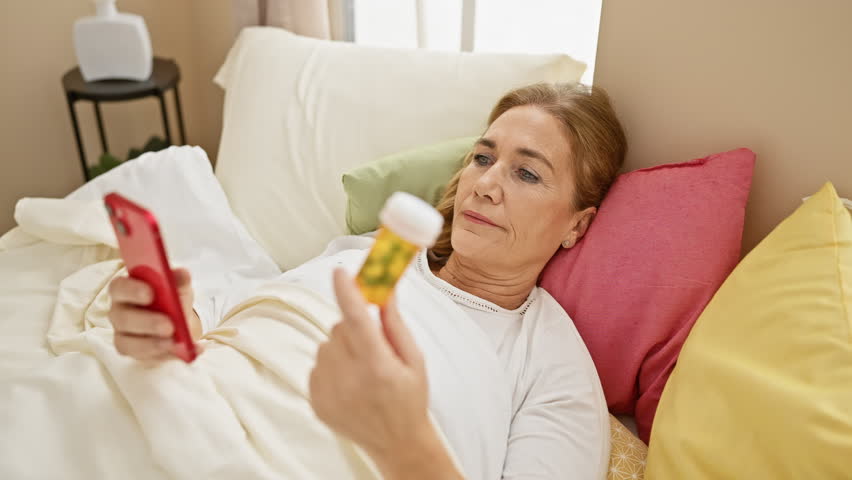 A concerned middle-aged woman examines a bottle of pills while lying in her bedroom, smartphone in hand.