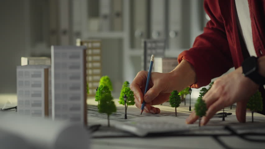 Architecture. A white European man dressed in work clothes carefully designs a residential area in the design department. Architect plans new residential area progressive urban landscape, house