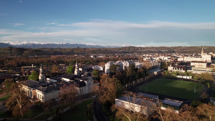 Drone shot of Pau, France, skyline. 4K