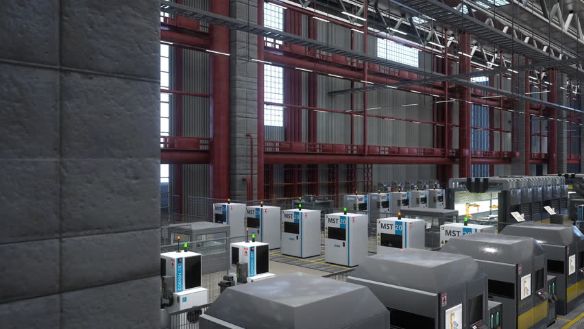 Factory with rows of automated industrial machines, conveyor belts and robotic arms used for engineering tasks, 3D render. High tech steel machinery and assembly lines in logistics. 3D Illustration