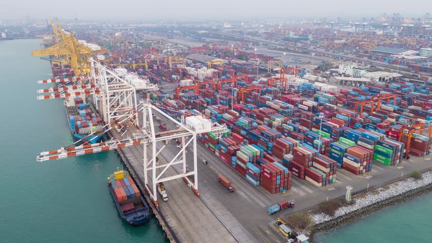 time laps Shipyard Cargo Container Sea Port Freight forwarding service logistics and transportation. International Shipping Depot Custom Port for import export trade Transport Business manufacturing.	
