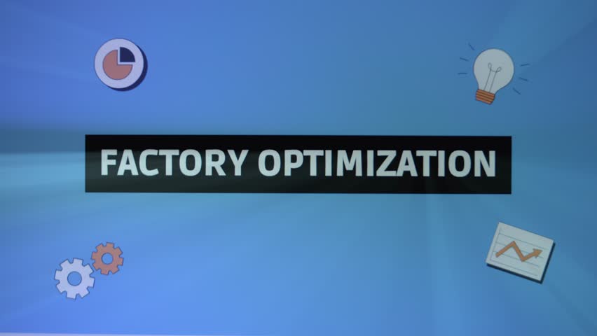 Factory Optimization inscription in black frame. Graphic presentation with animated gears, light bulb, graphic and clock. Manufacturing concept. Light rays - Powered by Shutterstock - Get 15% off with code: PIKWIZARD15