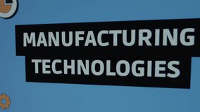 Manufacturing Technologies inscription in black frame. Graphic presentation with animated gears, light bulb, graphic and clock. Manufacturing concept. Light rays - Powered by Shutterstock - Get 15% off with code: PIKWIZARD15
