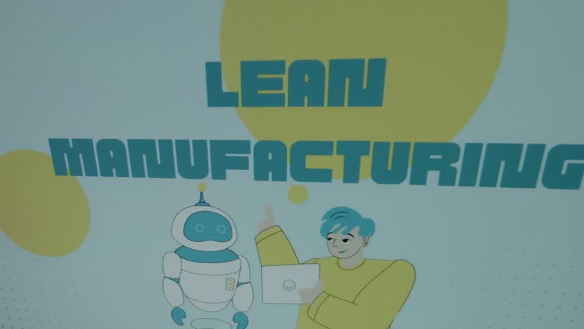 Lean Manufacturing inscription on blue background with big yellow dots. Graphic presentation with illustrated young man speaking to a robot. Manufacturing concept Royalty-Free Stock Footage #3478929101